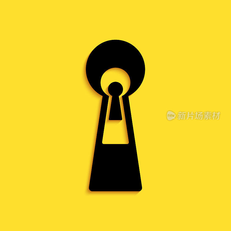 Black Keyhole icon isolated on yellow background. Key of success solution. Keyhole express the concept of riddle, secret, peeping, safety, security. Long shadow style. Vector
